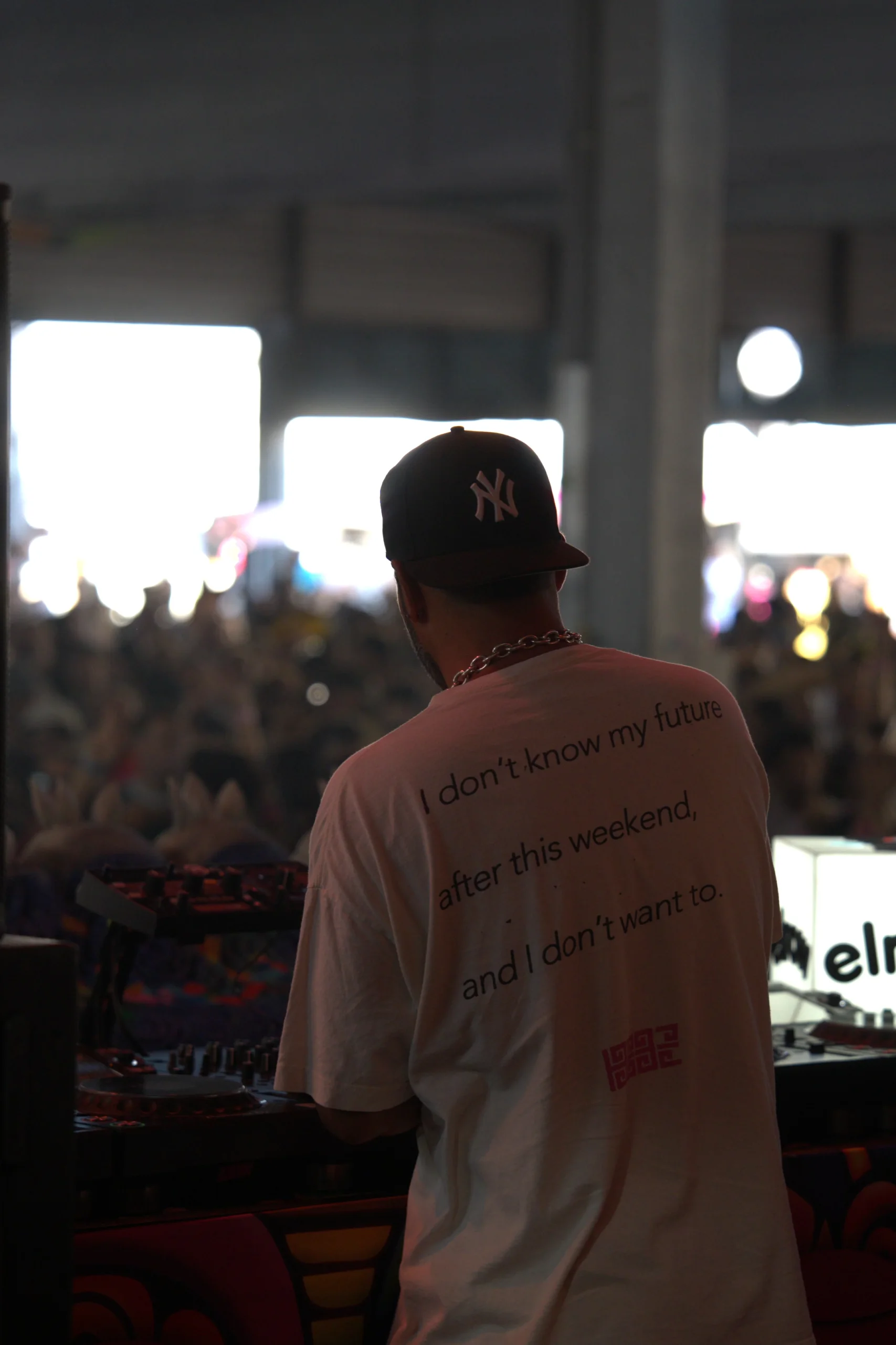 Armand Van Helden seen from behind facing the Elrow Stage crowd, wearing a Björk t-shirt, Family Piknik 2026, Parc des Expositions in Pérols